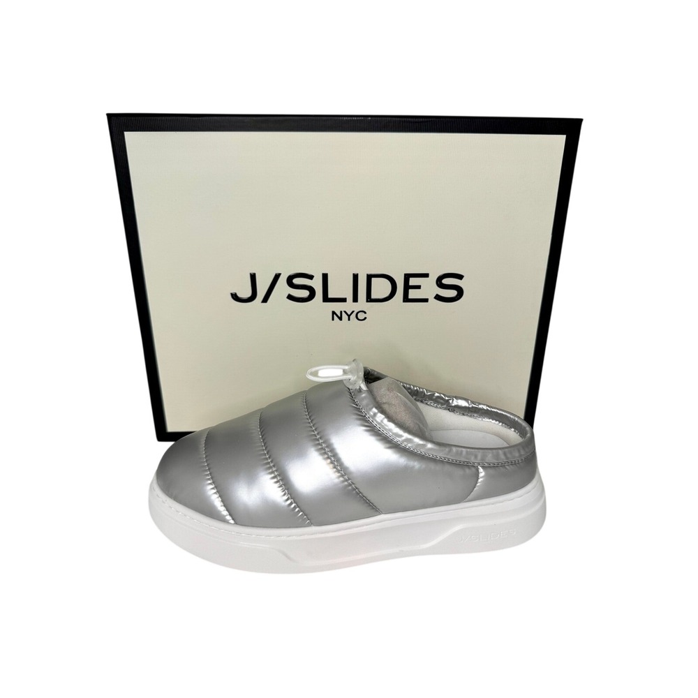J/Slides NYC Silver Puffer Mules Metallic‎ Quilted Platform Slip On 6.5M NIB